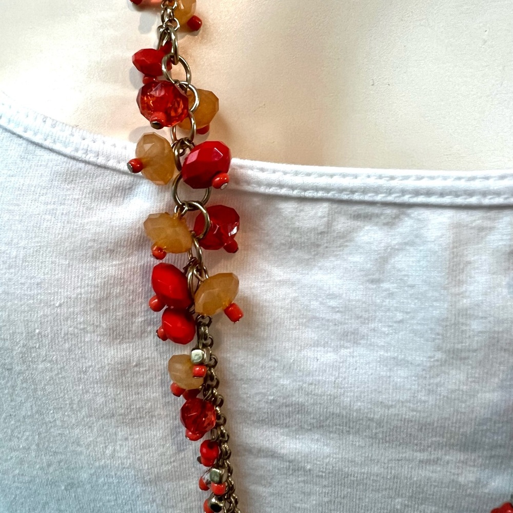 Long Red Coral Amber Bead Chain Necklace Jewelry - Picture 7 of 9